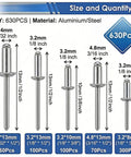 630-Piece Pop Rivets Assortment Kit With Aluminum Blind Rivets And Steel Mandrel, showing 5 sizes with dimensions