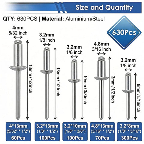 630-Piece Pop Rivets Assortment Kit With Aluminum Blind Rivets And Steel Mandrel, showing 5 sizes with dimensions