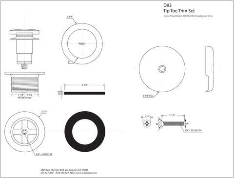 Heavy Duty Tip Toe Bathtub Drain Plug With One Hole Overflow Cap Oil Rubbed Bronze Finish dimensions and details diagram.
