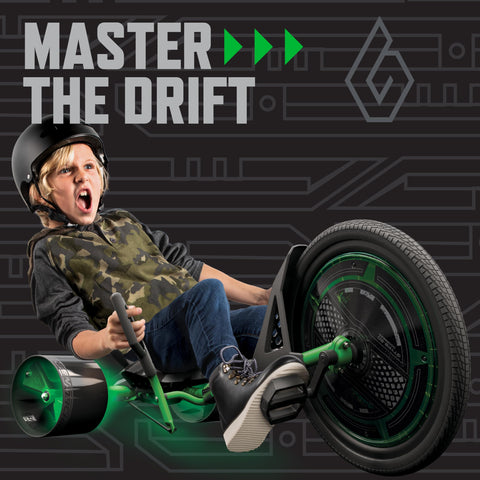 Child riding Green Machine 20 Inch Drift Trike For Kids 8 And Up With Dual Stick Steering and LED Light Accents on black background.