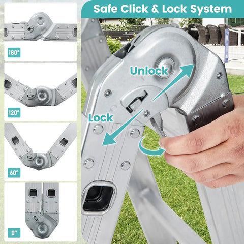 7 In 1 Folding Ladder With 15 Foot Reach Aluminum Construction For Indoor And Outdoor Use Multi Position A Frame Scaffold Stairway Platform Overhang M Shape Non Slip Feet Safety Lock Heavy Duty Frame 330 Pound Capacity hinge with click and lock angles