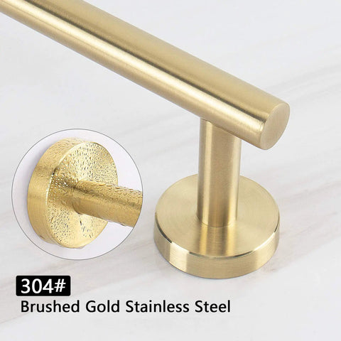 Close-up of Heavy Duty Stainless Steel Towel Bar Wall Mount Rack in gold finish, showing brushed texture and base attachment detail.