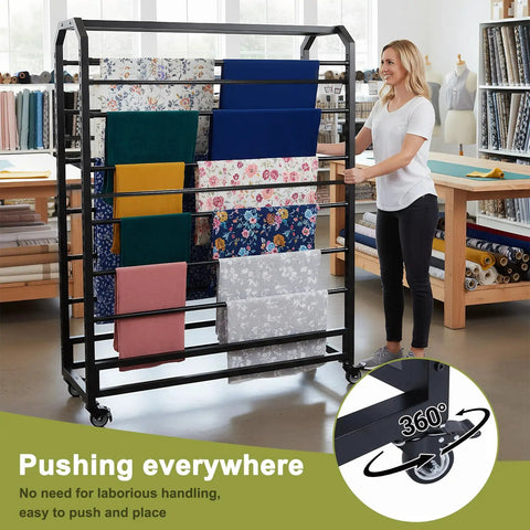 Straight Up Heavy Duty 16 Rods Fabric Roll Storage Rack With Adjustable Hanging Bars Easy Glide Casters No Fuss Vinyl Holder On Wheels with fabric rolls.