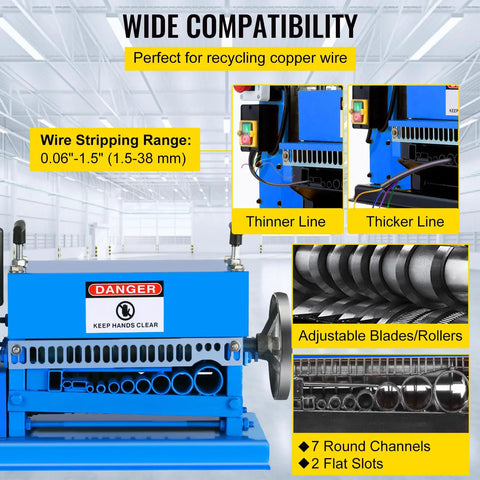 Heavy Duty Wire Stripping Tool For Copper Wire Automatic Hand Crank Stripper With 11 Channels And 10 Blades, adjustable blades and compatibility details.