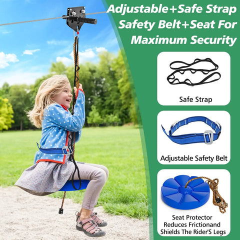 Child using Ultimate Zip Line Kit For Kids And Adults Outdoor 80 Ft Quick Tighten Backyard Setup with safety strap and seat