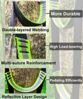 Double Thickened And Widened Four Step Climbing Aider detail with reflective webbing and multi-suture reinforcement on tree trunk.