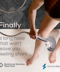 Person using 10 Mode Handheld Shower Head With Hose For Kickin High Pressure Power Jet, Touch To Clean Nozzles, Stainless Head