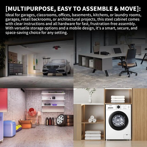 Multipurpose spaces showing uses for 72 Inch Wide And Deep Metal Garage Storage Cabinet With Doors, ideal for garage and office use.