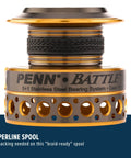 Close-up of spare anodized aluminum spool for Battle Spinning Reel And Fishing Rod Combo Kit with Spare Spool And Reel Cover.