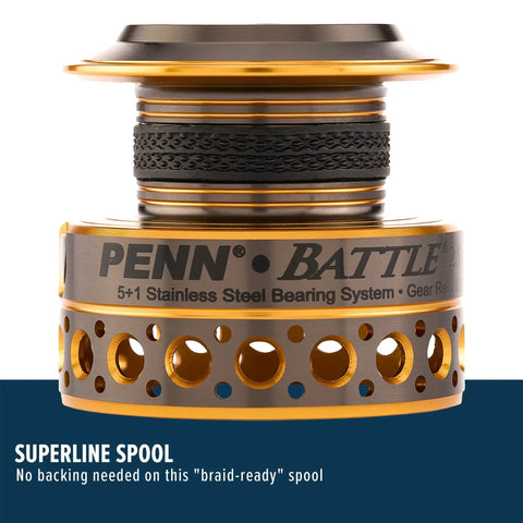 Close-up of spare anodized aluminum spool for Battle Spinning Reel And Fishing Rod Combo Kit with Spare Spool And Reel Cover.