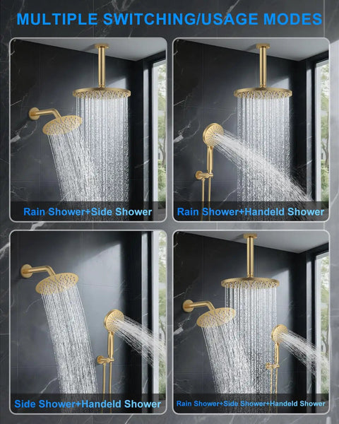 Brushed Gold Shower System With Dual 10 Inch Ceiling Rain Heads And Pressure Balance Valve Includes Multi Function Handheld Sprayer Plus Push Button Diverter For Zero Drama Bathroom Refresh