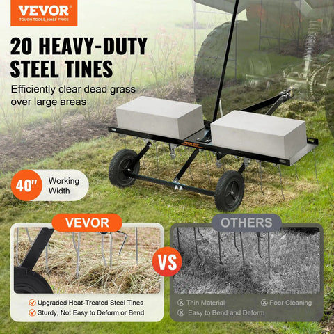 Tow Behind Dethatcher 40 Inch With 20 Spring Steel Tines for ATV or Mower, shown on grass with heavy-duty steel tines visible.