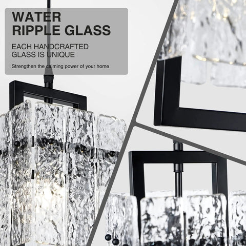 Dope Black Crystal Pendant Light For Kitchen Island With Handcrafted Water Ripple Glass Chandelier, Modern Elegant Adjustable Pendant Lighting For Dining Room And Bedroom, E12 Bulb Base, L6.5in x H11.8in