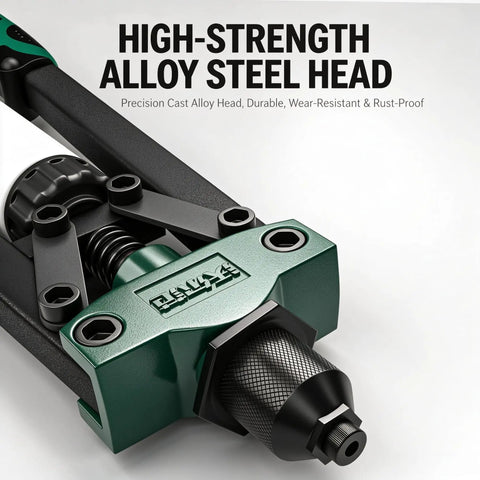 Heavy Duty Pop Rivet Gun Kit With 200 Rivets, Dual Lever Hand Riveter, 3 Interchangeable Nosepieces For 1/8, 5/32, 3/16 Blind Rivets, Labor Saving Riveting Tool For Metalworking And Automotive Projects, alloy steel head close-up
