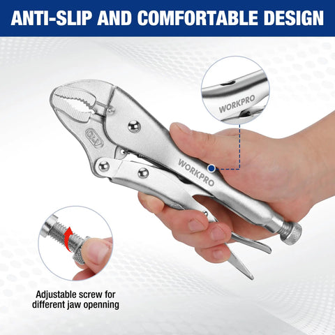 5 Piece Locking Pliers Set With Chrome-Vanadium Steel, Curved Jaw Vice Grips, close-up of grip and adjustable screw mechanism.