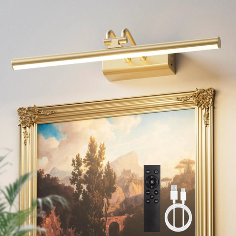 Cordless Battery Operated Picture Light With 4000mAh Rechargeable Battery, Remote Control, Magnetic Charge, Timers, 13.8 Inch Display, Gold Finish For Gallery, Living Room And Bedroom