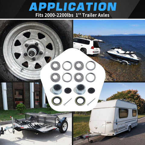 Trailer hub bearings kit for 1-inch straight axle; includes grease seals, 1.98-inch dust caps, cotter pins (2 sets)