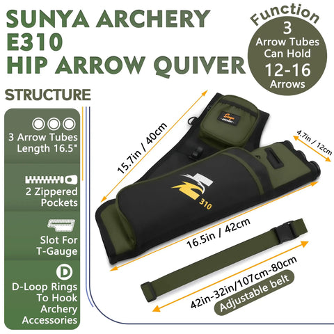 Dope Hip Quiver For Arrows With 3 Tube Holder And Slim Side Pockets, Waist Belt, D Loop Ring And Ruler Slot, Army Green Archery Gear