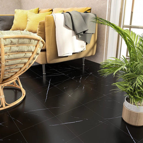 Black Marble Peel And Stick Floor Tiles 12 X 12 Inches Self Adhesive Vinyl Flooring Waterproof Durable For Kitchen Bathroom Basement Super Easy No Fuss Install 16 Pack Covers 15.5 Sq Ft installed in a living room.