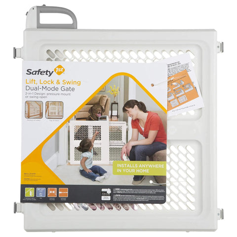 2-In-1 Baby Gate With Hardware Mount For Stairs And Doorways, Pressure Install Option For Easy Setup packaging with kid-friendly swing door