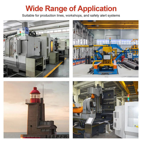 Wide application of Triple Stack LED Andon Tower Light with Buzzer 24VDC in factories and safety stations.