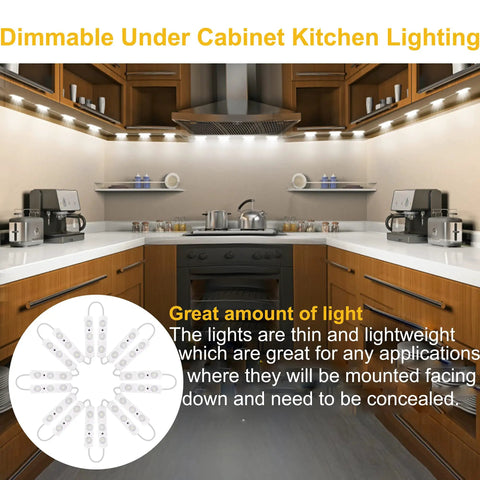 Dimmable under cabinet lighting installed in a modern kitchen, providing even illumination for workspaces and showcases.