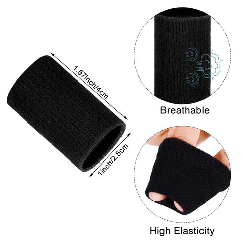 Black finger sleeve showing dimensions and stretch, 12 Finger Sleeves For Arthritis With Breathable Elastic Fabric, Pain Relief And Joint Support.