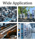 Collage of robotic arm, EV charging stations, high-speed train, and server room labeled 'Wide Application'