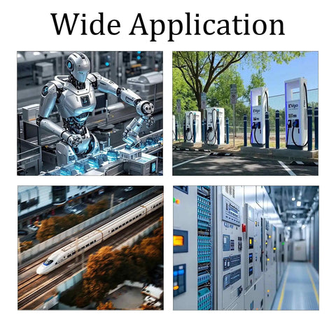 Collage of robotic arm, EV charging stations, high-speed train, and server room labeled 'Wide Application'