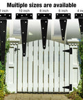Different sizes of T strap hinges installed on white wooden gate, illustrating options including Beefy Four Pack 4 Inch T Strap Hinges Heavy Duty Outdoor Hinges For Wood Gates Barn Fence Shed Doors Black Finish With 270 Degree Rotation And Universal 2mm Thick 6 Hole Construction.
