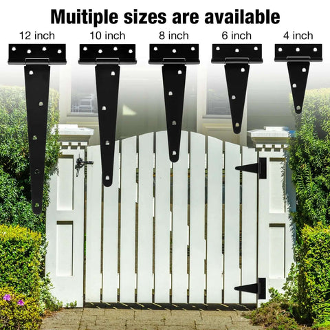 Different sizes of T strap hinges installed on white wooden gate, illustrating options including Beefy Four Pack 4 Inch T Strap Hinges Heavy Duty Outdoor Hinges For Wood Gates Barn Fence Shed Doors Black Finish With 270 Degree Rotation And Universal 2mm Thick 6 Hole Construction.