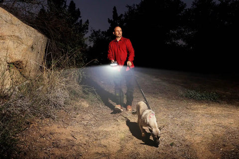 Person walking dog at night with Dope Rechargeable LED Flashlight With 180 Degree Wide Beam, 1000 Lumens in hand.