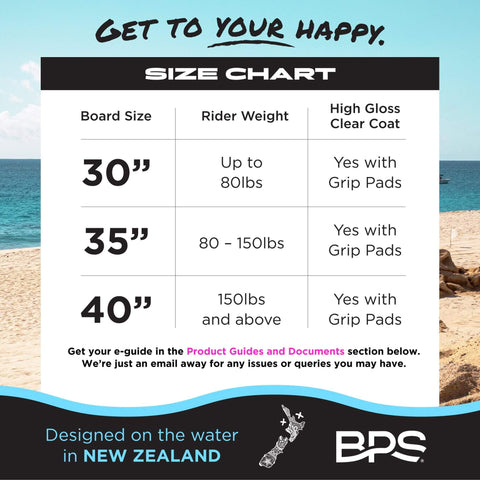 Size chart for Shaka 35 Inch Skim Board With Epoxy Coated Wood Deck And Traction Pad No Wax Needed Built In Nose Rocker