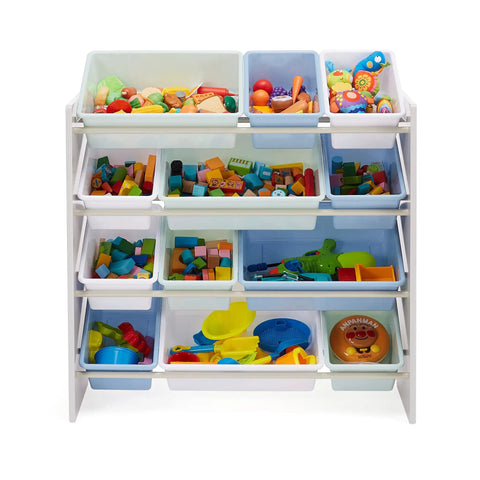 Super Slick Kids Toy Storage Organizer With Twelve Removable Blue Plastic Bins Mounted On Sturdy Grey Composite Frame Totally Legit Pick For Playroom Or Bedroom Setup Wall Anchored Design Built Tough For Daily Cleanup Sessions