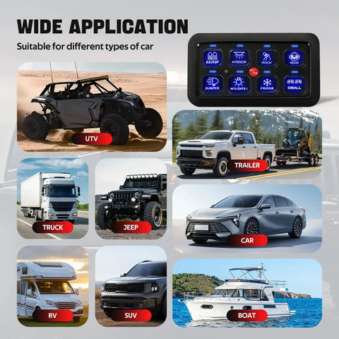 Image showing 8 Gang RGB Toggle Switch Panel With Momentary Pulsed Memory, Auto Dim, On Off LED Touch Box for various vehicles.
