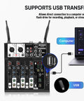 Image showing 4 Channel Audio Mixer For Karaoke And DJ Sessions With Dual Wireless Microphones Independent Mic Control Bluetooth MP3 USB Interface 48V Phantom Power connected to a laptop via USB for recording and streaming.