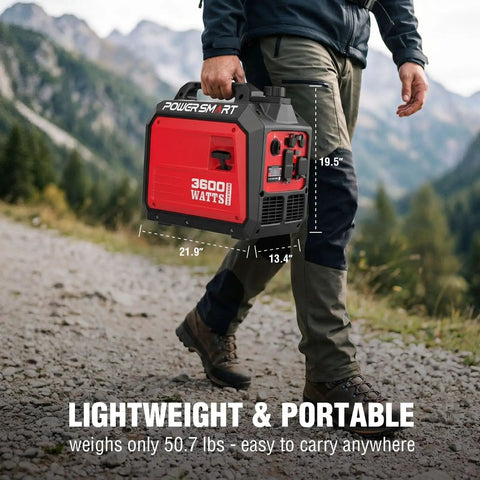 Person carrying a 3600 Watt Portable Inverter Generator with Quiet Operation, RV Ready 30A Outlet for Camping or Home Use.