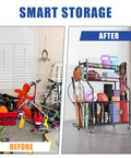 Before and after comparison showing Garage Gear Sports Organizer With Hooks And Bins, Large Capacity Ball Storage Rack setup.