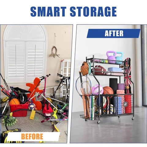 Before and after comparison showing Garage Gear Sports Organizer With Hooks And Bins, Large Capacity Ball Storage Rack setup.