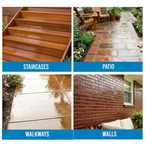 Pro Level Gloss Water Based Acrylic Sealer Protecting Wood Concrete Brick And Masonry With A Slick High Shine Seal For Zero Sweat Application Inside Each 5 Gallon Value Pack Two on wood staircases, patio, walkways, and walls.