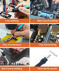 Two-In-One Soldering Iron And Hot Air Rework Station Kit in use for line welding, chip maintenance, and heat shrink plastic.