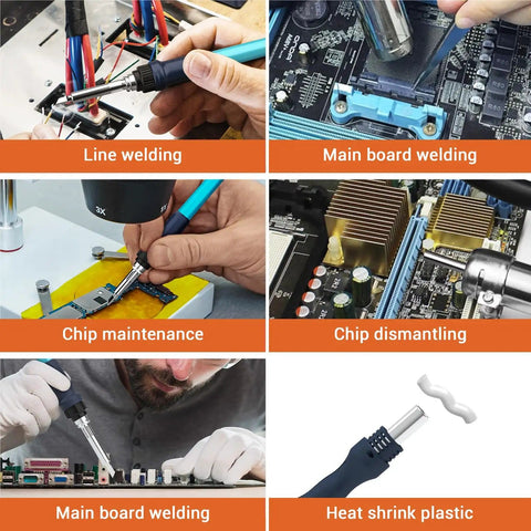 Two-In-One Soldering Iron And Hot Air Rework Station Kit in use for line welding, chip maintenance, and heat shrink plastic.