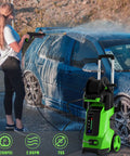 Person using Electric Power Washer 2200 PSI 2.0 GPM With 4 Interchangeable Nozzles And Foam Cannon to wash car