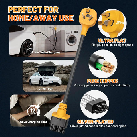 Slick Plug And Play Nema 10-30 Adapter For Tesla Gen 2 Mobile Charger, 24 Amp 240V Juice, No Sweat 3 Prong Dryer Outlet Setup For Models S X 3 Y with flat design and pure copper wiring.