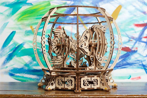 Aquarium 3D Wooden Puzzle Kit For Grownups, Mechanical Model Craft With Moving Fish, front view on table