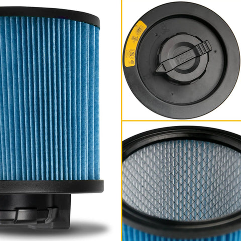 HEPA Vacuum Filter Replacement DXVC6912 for 6-16 gallon wet dry shop vacuums, blue pleated design with locking mechanism details