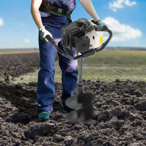 Man operating Beast 72cc Gas Powered Post Hole Digger with 4.1HP Heavy Duty Earth Auger in a field, earth auger visible.