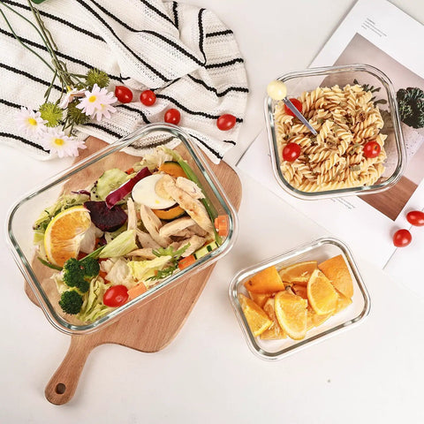 8 Pack Glass Food Storage Containers With Airtight Locking Lids For Meal Prep And Leftovers Leak Proof Design Microwave Oven Freezer And Dishwasher Safe BPA Free Variety Size Set For Portion Control And On The Go Lunches with salad, pasta, and oranges