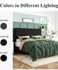 Queen Size Bed Frame With Plush Velvet Upholstery And Channel Tufted Headboard Boasting Solid Wooden Slats For No Sweat Mattress Support Big Time Comfort Black Bedroom Setup in various lighting.