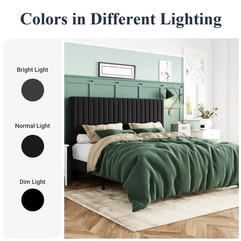Queen Size Bed Frame With Plush Velvet Upholstery And Channel Tufted Headboard Boasting Solid Wooden Slats For No Sweat Mattress Support Big Time Comfort Black Bedroom Setup in various lighting.